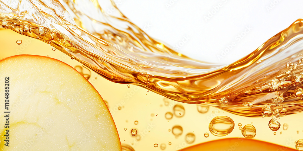 Poster wave of golden apple juice splashes dynamically against white background, capturing freshness and vi