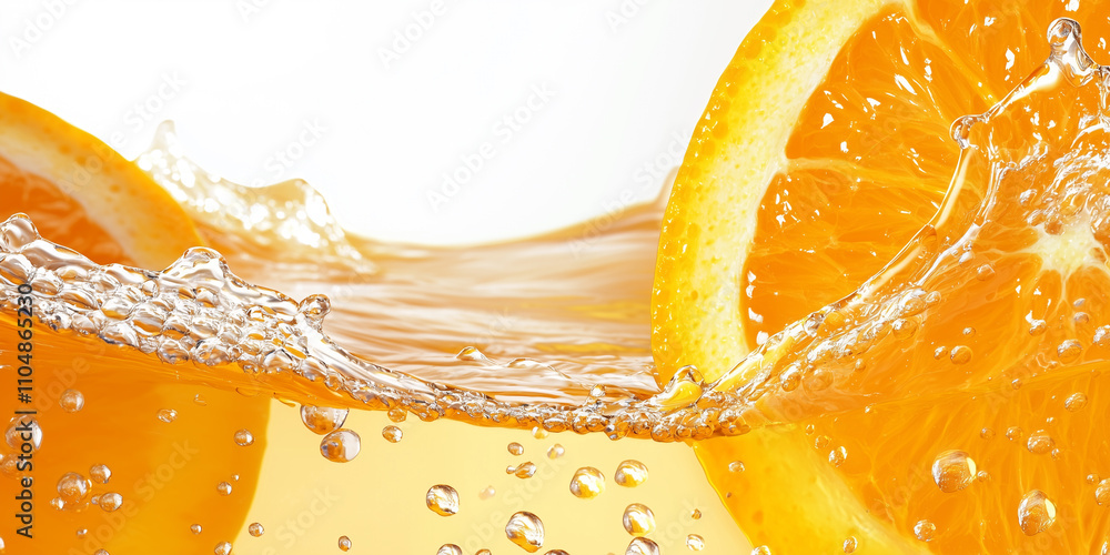 Aufkleber Slices of fresh orange with splashing juice on white background create vibrant and refreshing scene. photorealistic detail captures essence of citrus