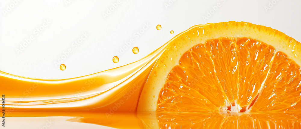 Poster wave of orange juice splashes dynamically against white background, capturing vibrant freshness and 