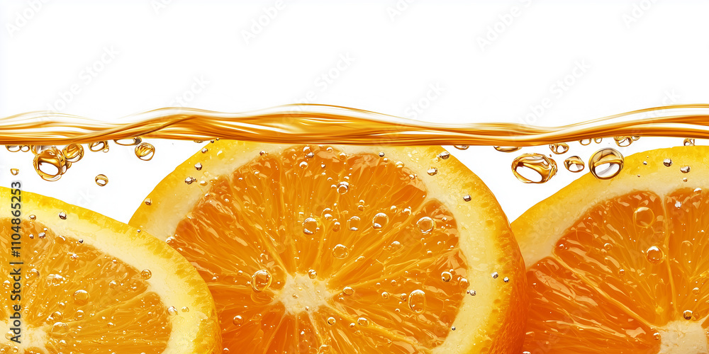 Poster slices of juicy orange submerged in wave of orange juice on white background, creating refreshing an