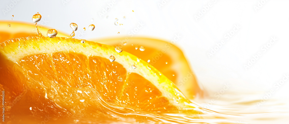 Poster Slices of fresh orange splashing in juice on white background, capturing vibrant and refreshing essence of citrus. droplets add dynamic and lively feel to image