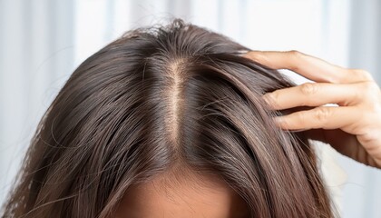 Fototapeta premium Firefly Close-up of a woman holding her head, showing hair roots and scalp, indicating hair care or 