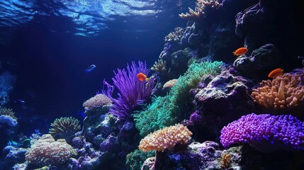 Naklejka premium Vibrant underwater scene showcasing colorful corals and fish in a marine ecosystem.