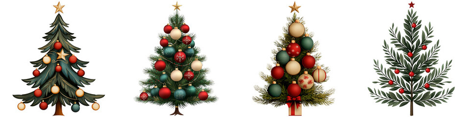 Christmas tree isolated, Four distinct Christmas trees adorned with colorful ornaments and lights, showcasing varying styles and decorations.