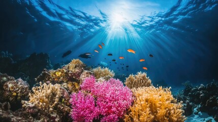 Obraz premium Vibrant underwater scene showcasing colorful corals and tropical fish in a sunlit ocean.