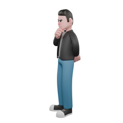 Screenwriter 3D Cartoon Model Design.  A male Screenwriter stands with his left hand on his chin and the other behind his body, thinking expression. Screenwriter Model