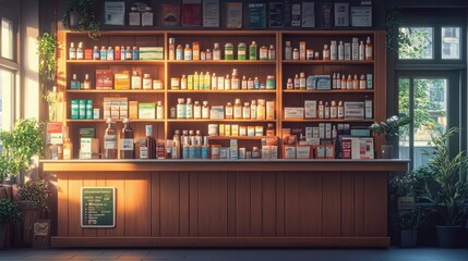 A vintage apothecary shop with wooden shelves filled with various bottles and jars. Sunlight streams through the window, illuminating the counter and creating a warm, inviting atmosphere.