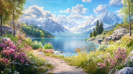 Serene Mountain Lake Pathway - Peaceful path leads to a tranquil lake nestled in majestic mountains, symbolizing serenity, nature, escape, adventure, and tranquility.