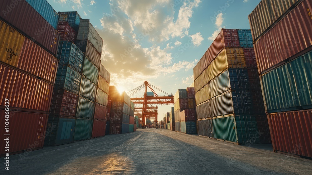 Aufkleber a row of colorful shipping containers with a crane in the background at sunset.