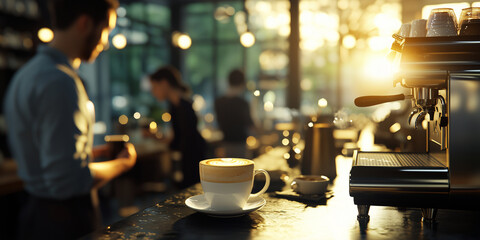 cozy coffee shop with warm atmosphere, featuring barista preparing drinks and cappuccino on counter, illuminated by soft, natural light