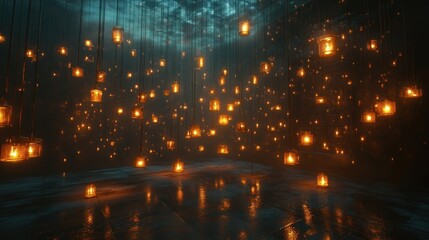 Glowing lanterns illuminate a dark, mysterious forest scene, reflecting on a wet floor.