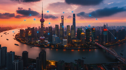 Naklejka premium Smart digital city with connection cyber security network reciprocity over the cityscape . future smart wireless digital city and social media networking systems that connects people within the city 