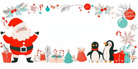 Christmas Santa Claus concept. Festive Santa with penguins and decorations in a cheerful holiday scene.