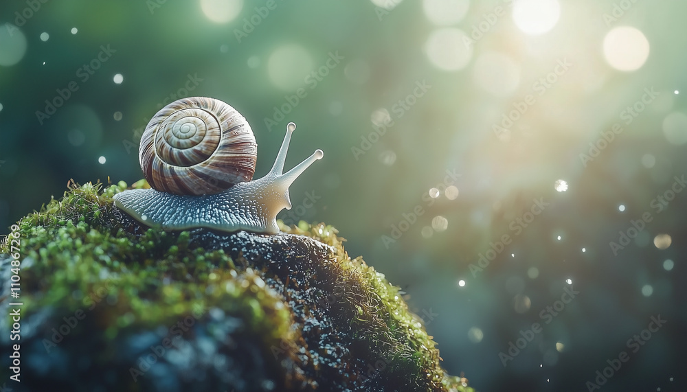 Poster snail gracefully moves on mossy rock, illuminated by soft sunlight in serene natural setting. close 