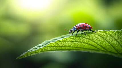 Naklejka premium vibrant ladybug on green leaf in natural setting, showcasing intricate details and serene atmosphere. macro shot highlights beauty of nature and delicate balance of life