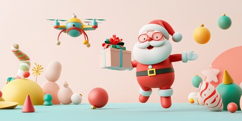 Fototapeta premium Christmas Santa Claus concept. Cheerful Santa with a gift and drone in a colorful festive scene.