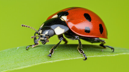 Fototapeta premium vibrant ladybug with red and black spots is perched on green leaf, showcasing its intricate details in natural macro shot