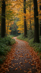 Enchanting Forest Path Surrounded by Rich Autumn Foliage and Golden Fall Colors