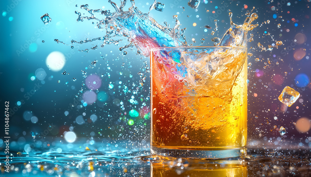 Aufkleber vibrant splash of colorful liquid in glass with ice cubes, creating energetic and refreshing scene. dynamic motion and bright bokeh background enhance lively atmosphere