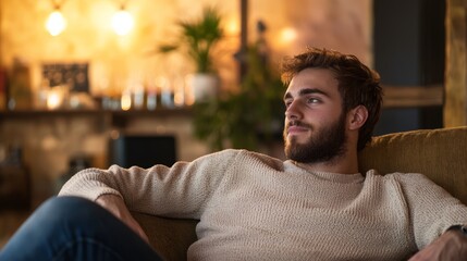 Cozy Cafe Vibes: Relaxed Man Lounging in Warm Ambiance with Soft Jazz Music