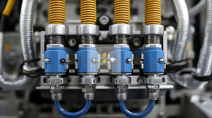 Industrial Machinery, Close-up of Three Pneumatic Valves with Yellow Corrugated Tubing, Precisely Connected, Efficient System