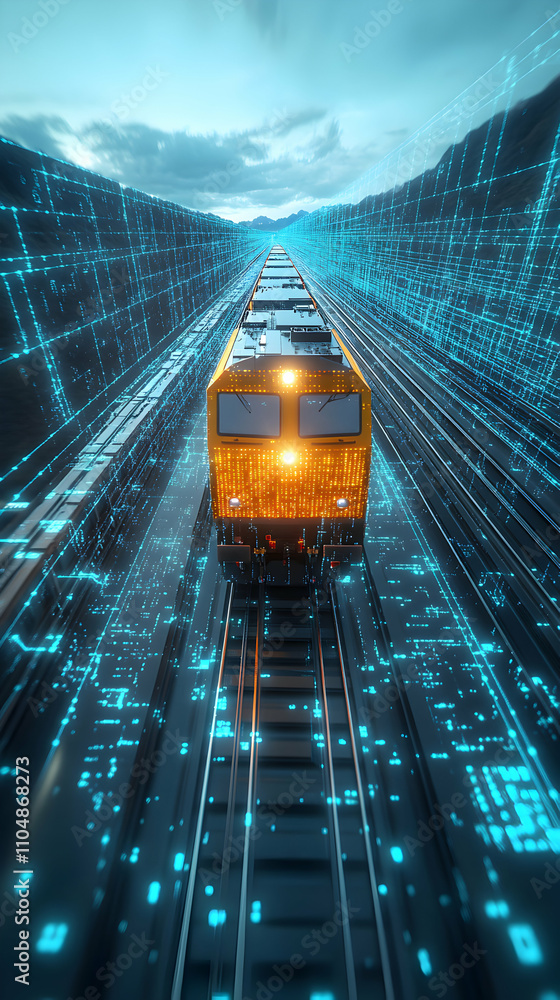 Poster digital train, futuristic railway system through a data stream