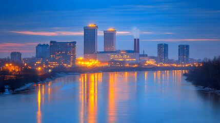 Fototapeta premium Cityscape at Dusk, Illuminated Towers Reflecting on Serene River