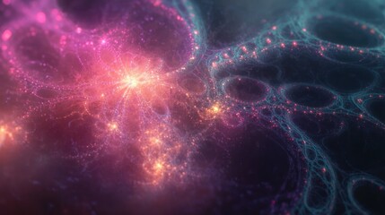 Abstract fractal art with glowing pink and teal nebulae, swirling patterns, and sparkling dust.