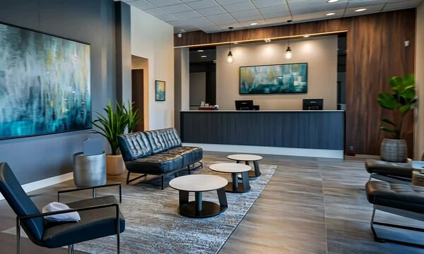Modern and elegant office reception area with comfortable seating and artwork.