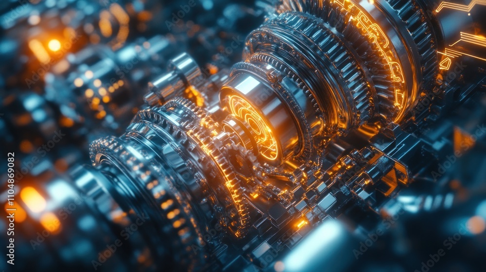 Poster close-up of intricate metallic gears and cogs with orange and blue highlights, showcasing complex ma