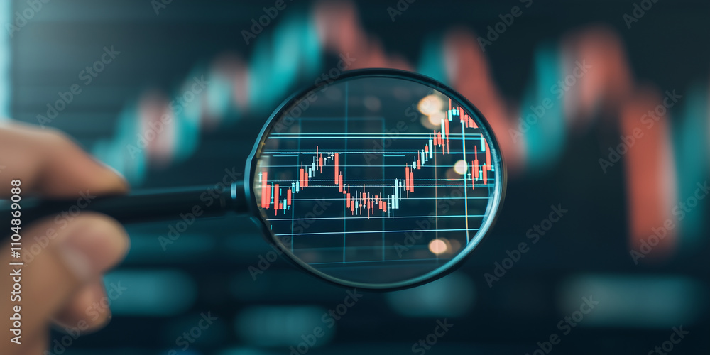 Poster magnifying glass focuses on fluctuating stock market graph, highlighting dynamic changes in financial data. image conveys analysis and scrutiny in world of finance