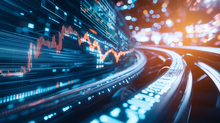 dynamic rollercoaster with stock market graphs as tracks symbolizes volatility and excitement of financial markets, with vibrant lights and motion blur enhancing thrilling atmosphere