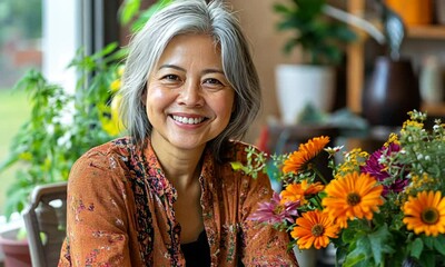 Smiling mature Asian woman with gray hair, wearing a floral shirt, near a bouquet of flowers. - Powered by Adobe