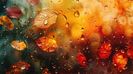 Autumn Atmosphere with Raindrops, Leaves, and Red, Orange, Yellow Hues