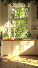 Sunlit Kitchen,  Bright, airy kitchen design with large window overlooking lush green trees, showcasing wooden floors and cream cabinets.