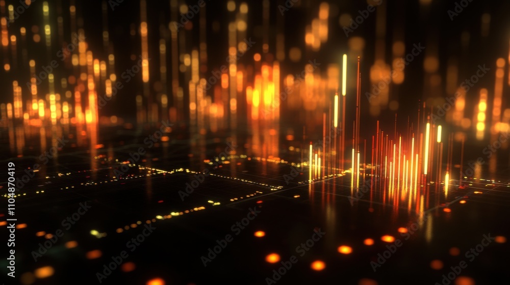 Poster abstract data visualization with bright bars and glowing lights
