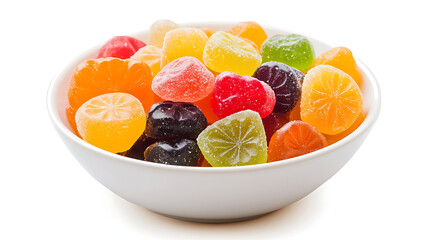 colourful jelly beans in a glass bowl isolated on white background