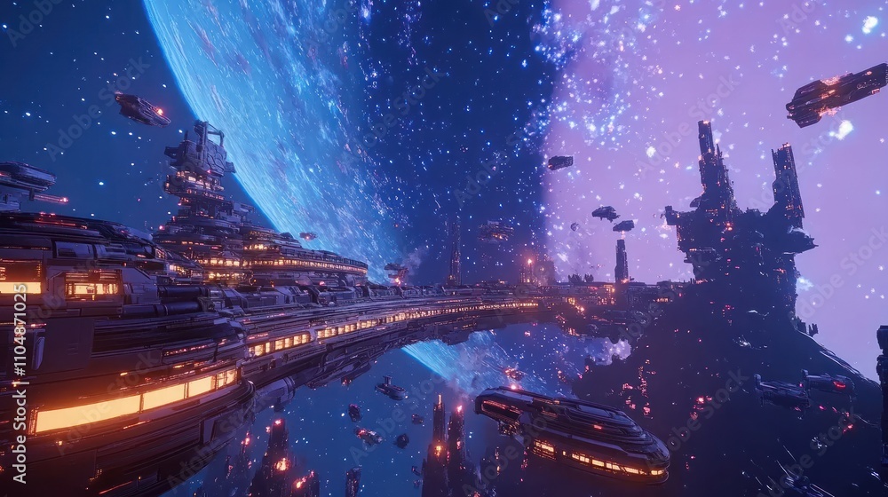 Poster futuristic space station orbiting a vibrant planet, surrounded by numerous spaceships and asteroids.