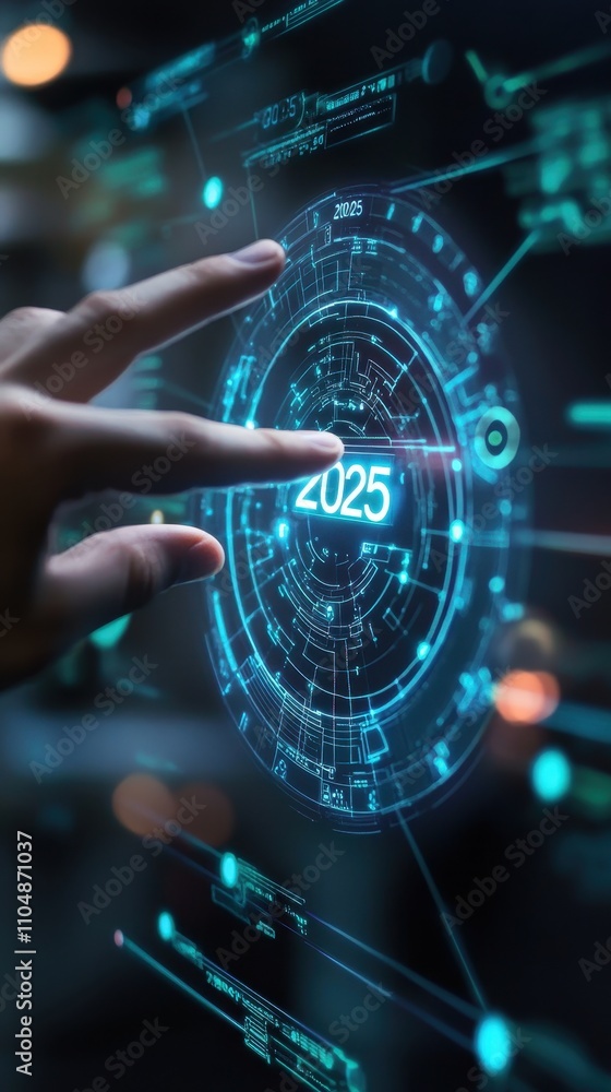 Aufkleber interactive futuristic interface 2025: a hand interacts with a holographic display showing technolog