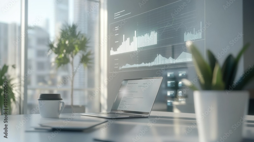 Poster modern workspace with laptop and data visualization on wall display