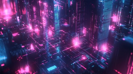 Naklejka premium Futuristic Cityscape with Neon Lights and Digital Elements