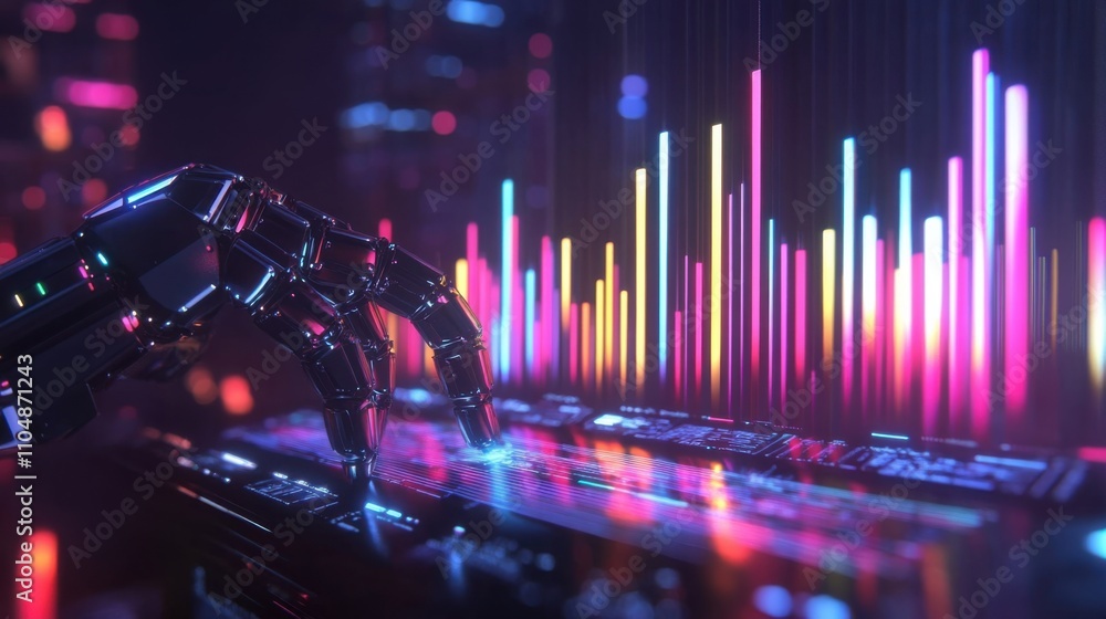 Poster futuristic robot hand interacting with colorful data visualizations