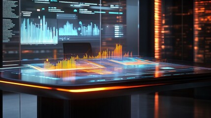 Futuristic data analysis interface with graphs and digital displays