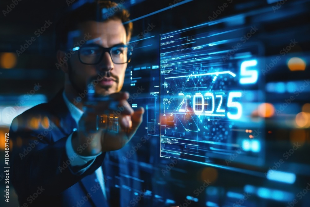 Aufkleber businessman interacting with futuristic holographic interface displaying 2025 data and digital techn