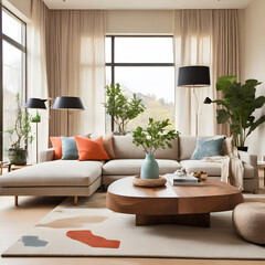 Fototapeta premium living room interior , white and beige tones living room 