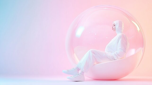Person sits in a closed glass ball, in a closed white jumpsuit with a hood on his head. Introvert, closed person and his personal space and boundaries personal
