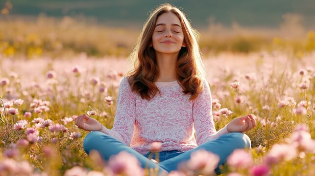 Woman meditating in a field of pink flowers at sunset, wearing a pink sweater and blue jeans. personal boundaries, harmony with yourself, retreat - Powered by Adobe