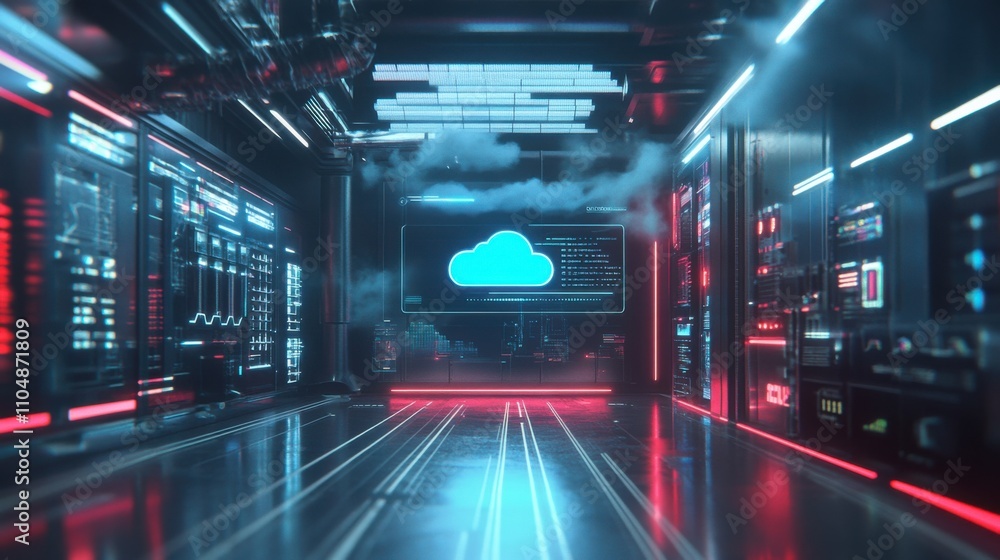 Poster futuristic data center with neon lighting and cloud interface display