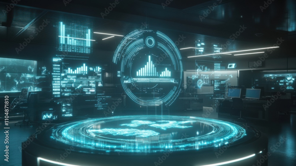 Poster futuristic data visualization interface in high-tech control room