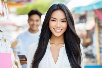 Young Asian woman makes mobile payment at street food kiosk in outdoor market